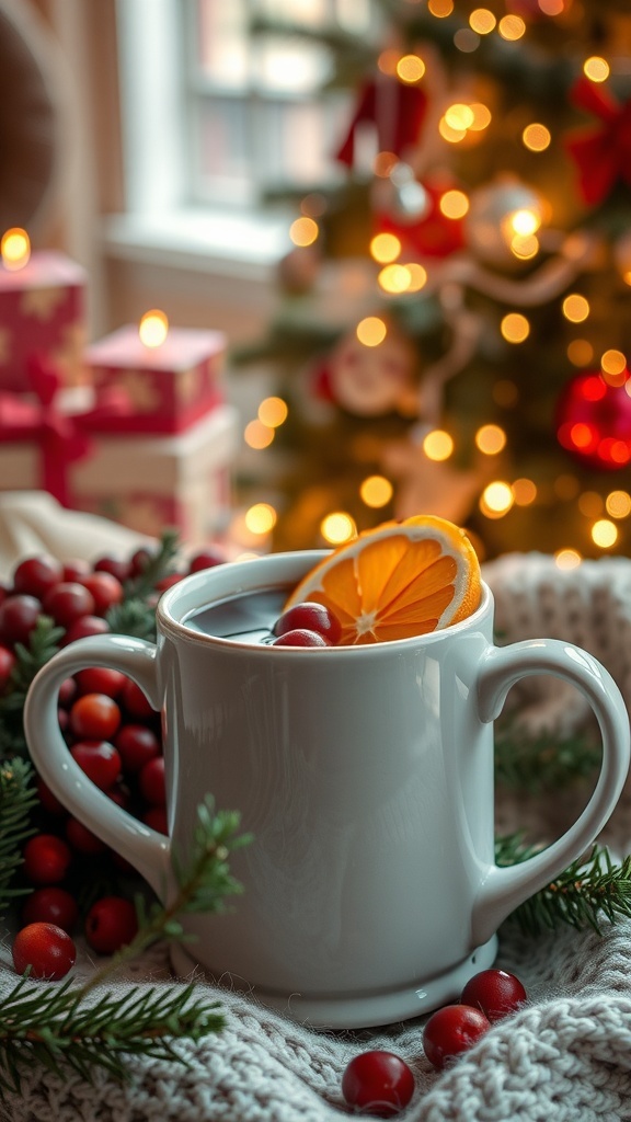 Christmas Aesthetic Zimmer Recipe A steaming mug of spiced Christmas drink garnished with cranberries and orange slice, with festive decorations in the background.